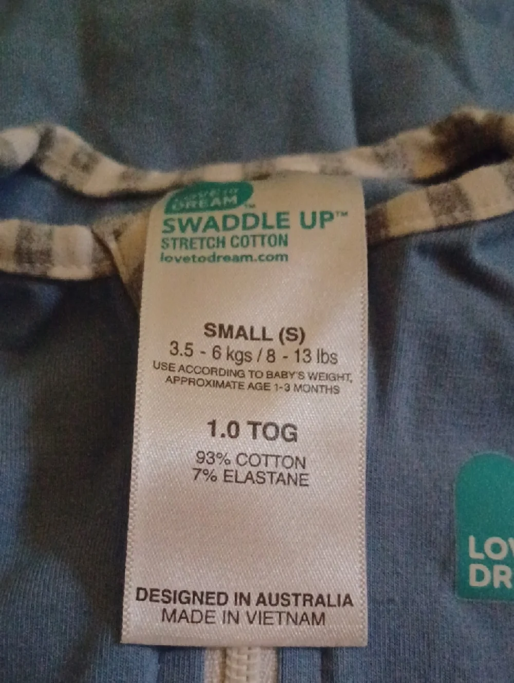 Love To Dream Blue Baby Swaddle Sack with Grey Stripe Trim 93% Cotton SM. 8-13lb